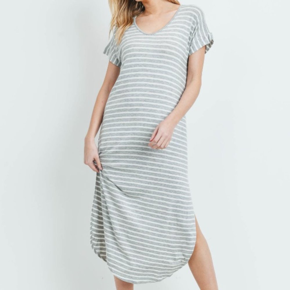Side Slit T-Shirt Maxi Dress Gray Stripe